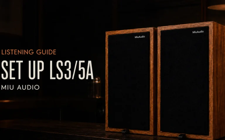 Miu Audio LS3/5a loudspeaker pair beside the words Set Up LS3/5A in a dark listening-room setting
