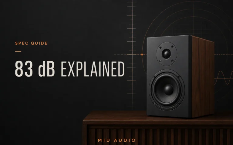 A precise sound-level scale and compact loudspeaker beside the words 83 dB Explained