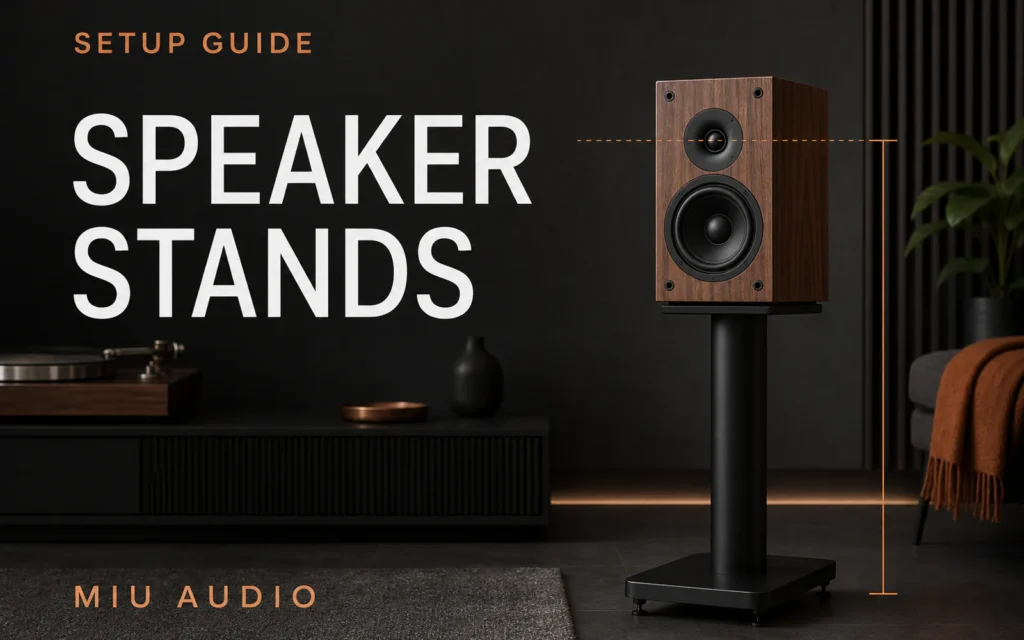 A compact walnut loudspeaker on a stable stand beside the words Speaker Stands