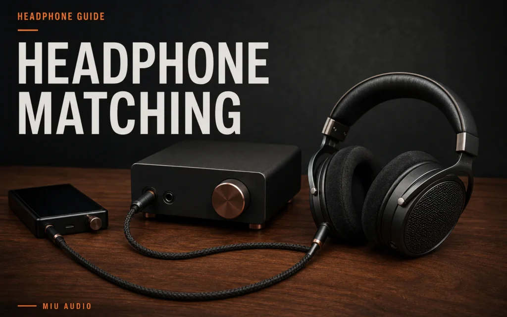 Headphone impedance and sensitivity specifications aligned with a compact amplifier beside the words Headphone Matching