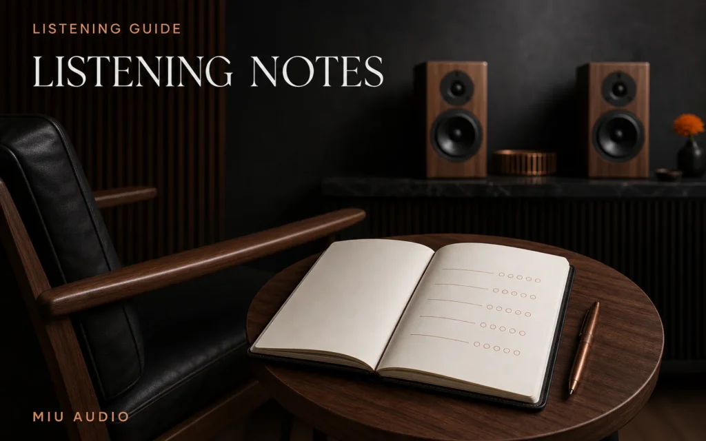 A concise hi-fi audition notebook with track and setup fields beside the words Listening Notes