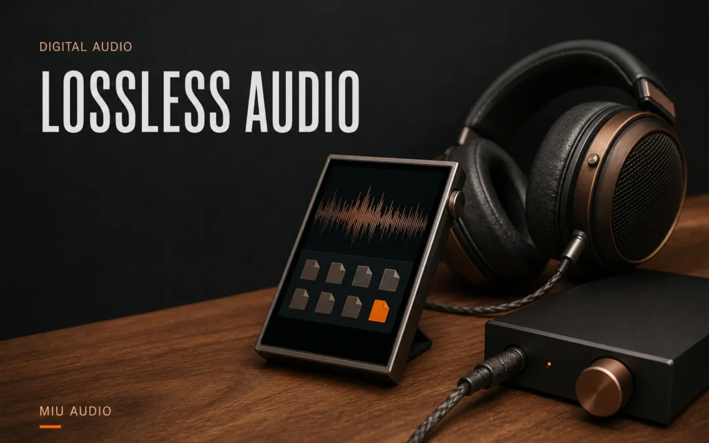 An organised digital music library and DAC display beside the words Lossless Audio