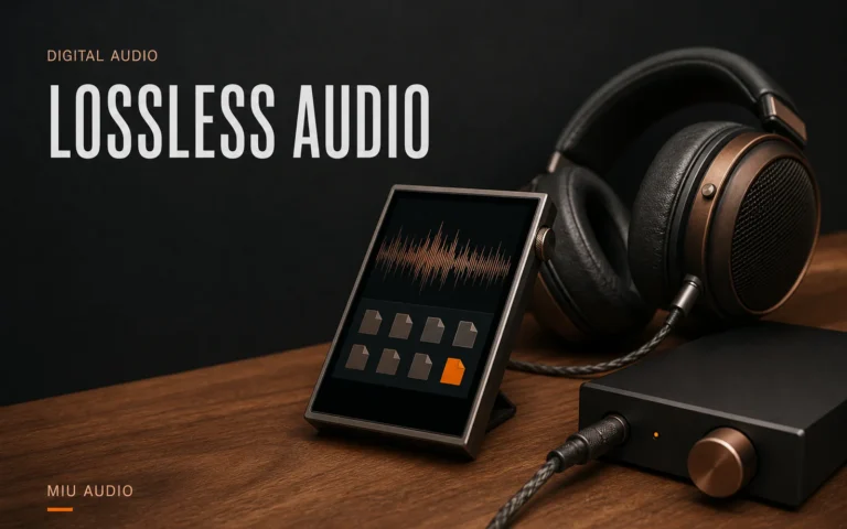 An organised digital music library and DAC display beside the words Lossless Audio