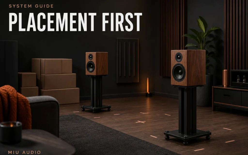 Measured speaker and chair positions highlighted before an equipment box beside the words Placement First