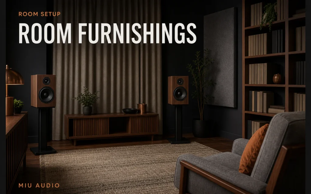 A listening room with a rug, curtain and bookshelf beside the words Room Furnishings