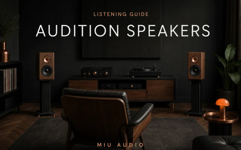 A focused showroom listening chair facing a stereo speaker pair beside the words Audition Speakers