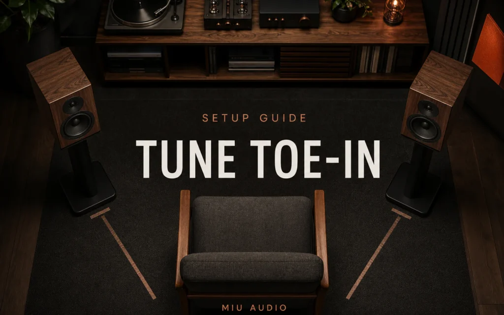 Two compact speakers shown at three inward angles beside the words Tune Toe-In