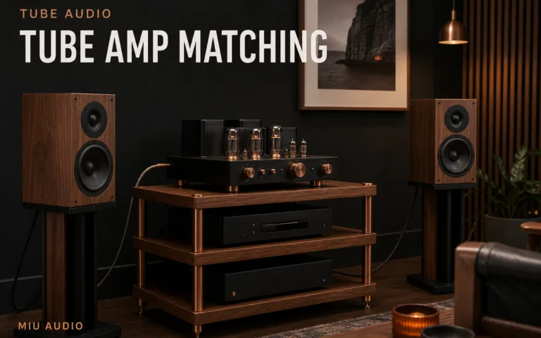 A ventilated vacuum-tube amplifier facing compact loudspeakers beside the words Tube Amp Matching