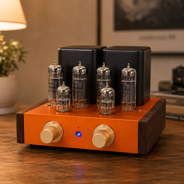 MiuAudio HAM-1 vacuum-tube amplifier in orange and wood finish