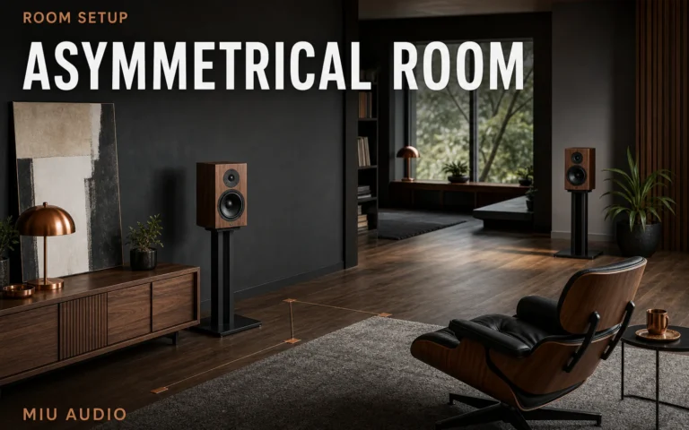 A stereo speaker pair balanced within an uneven room layout beside the words Asymmetrical Room