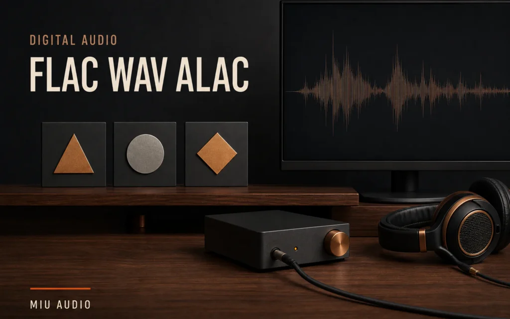 Three organised audio file tiles beside the words FLAC WAV ALAC