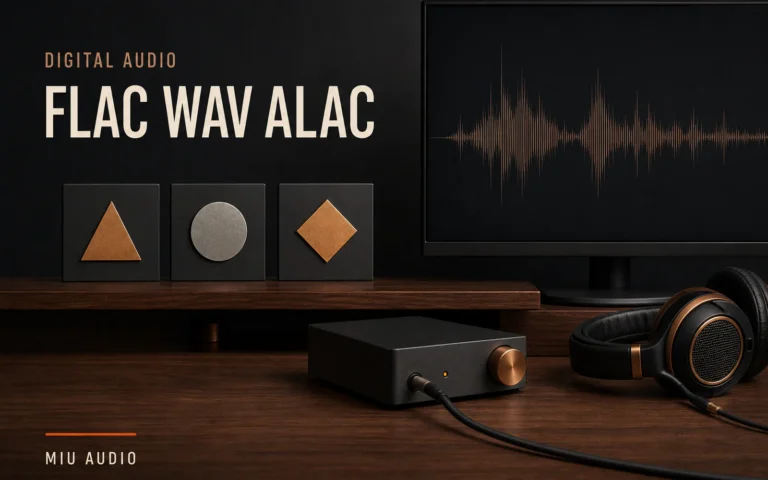 Three organised audio file tiles beside the words FLAC WAV ALAC