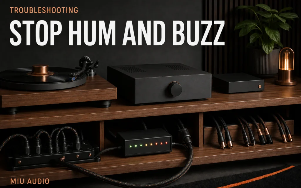 A clean hi-fi signal chain with an isolated hum symbol beside the words Stop Hum and Buzz