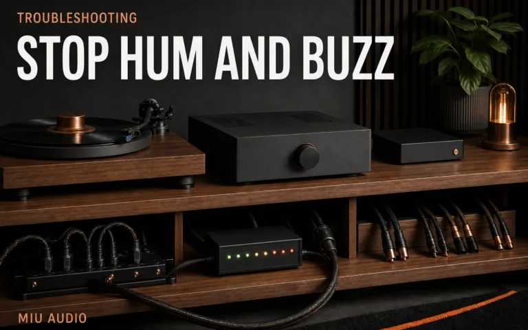 A clean hi-fi signal chain with an isolated hum symbol beside the words Stop Hum and Buzz