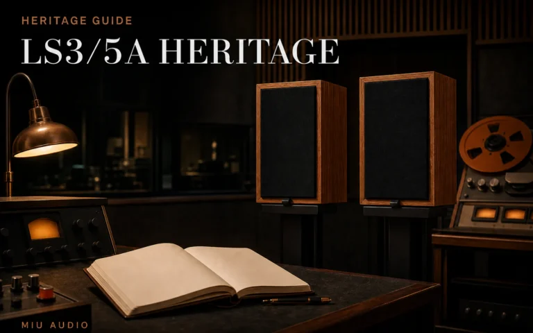 A historic compact monitor silhouette and a modern walnut speaker separated clearly beside the words LS3/5A Heritage