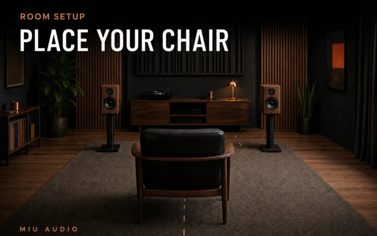 A listening chair moving between measured room positions beside the words Place Your Chair
