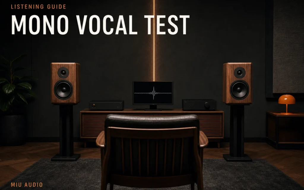 A single vocal waveform centred between two loudspeakers beside the words Mono Vocal Test