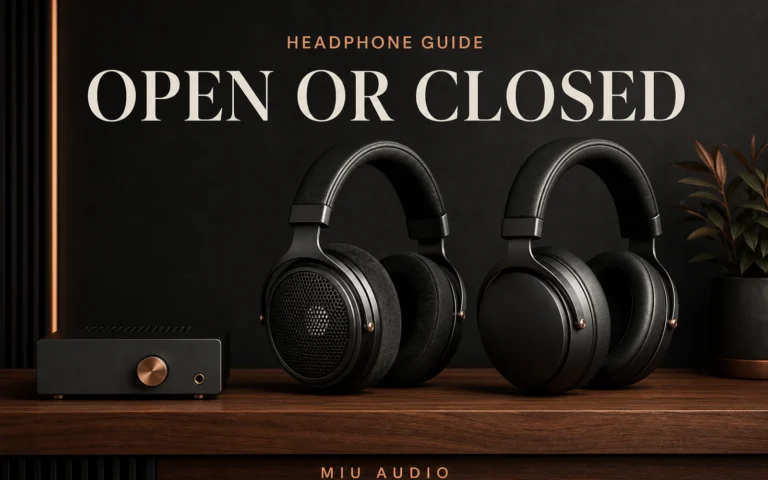 Open-back and closed-back headphone earcups compared beside the words Open or Closed