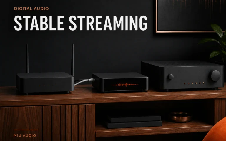 A music streamer connected by a stable network path beside the words Stable Streaming