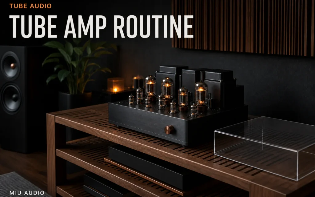 A ventilated tube amplifier with a simple start and stop sequence beside the words Tube Amp Routine