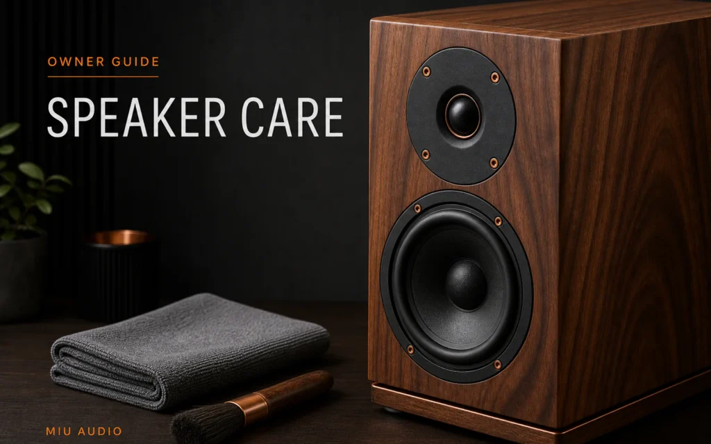 A soft dry cloth beside a walnut speaker cabinet and grille beside the words Speaker Care