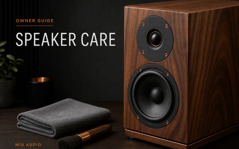 A soft dry cloth beside a walnut speaker cabinet and grille beside the words Speaker Care