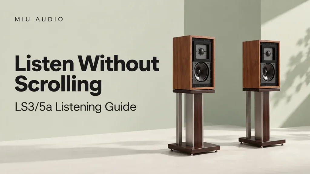 Miu Audio LS3/5a with Listen Without Scrolling listening guide lettering